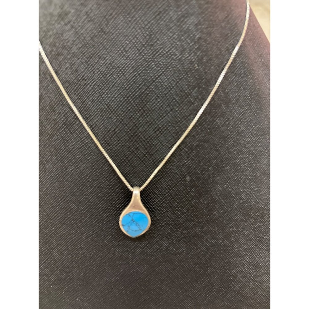 Sterling Silver .925 Italy  Chain Necklace With Turquoise Pendant From Thailand